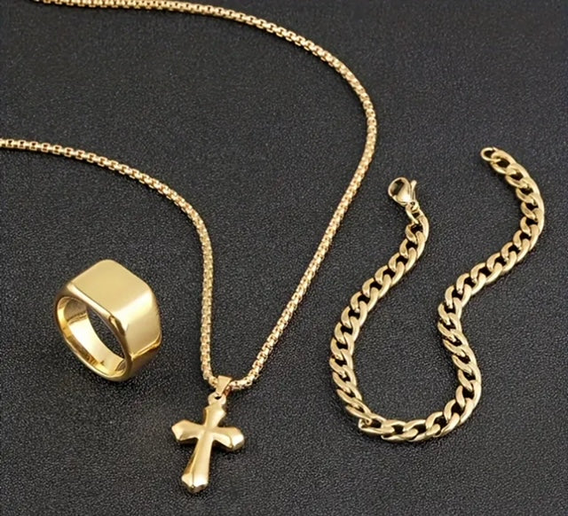 Combo Triple (Cadena Dije Cruz + Anillo + Pulsera) en Oro Laminado 18k