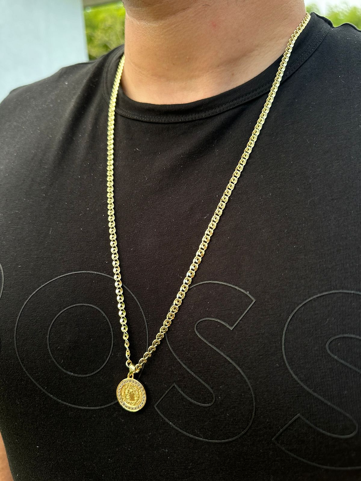 Cadena Trenza + Dije san benito en Oro Laminado 18k