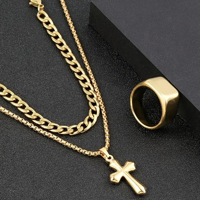 Combo Triple (Cadena Dije Cruz + Anillo + Pulsera) en Oro Laminado 18k